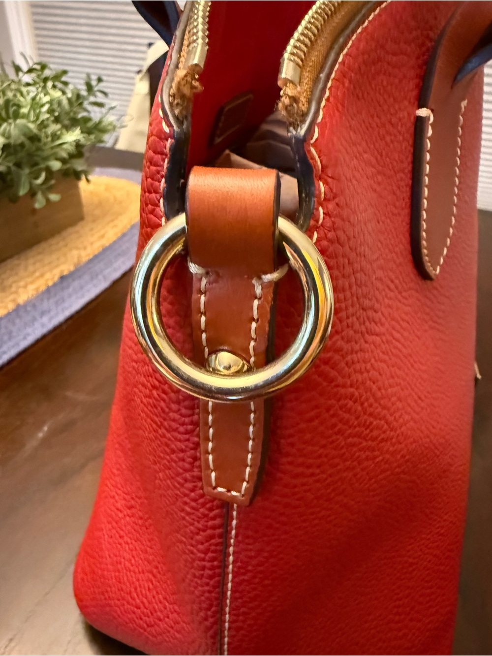 Dooney & Bourke Red Pebble Leather Satchel with Tan leather Braided Handles - Picture 8 of 15